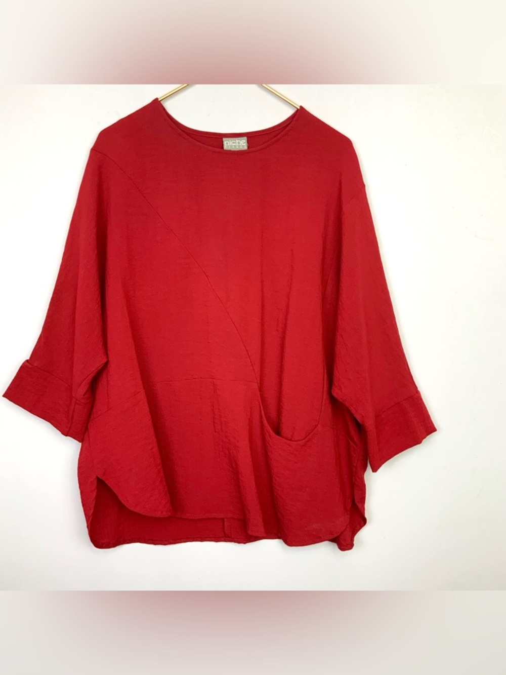 Niche Nilgun Derman Oversized Medium Red Pocket Cuffed 3/4 Sleeve Boxy Artsy Top